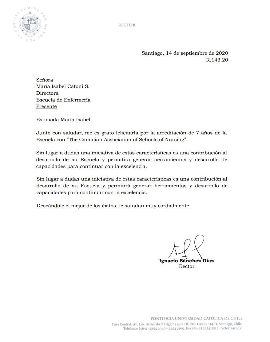 Carta de felicitación del Rector Ignacio Sánchez Díaz