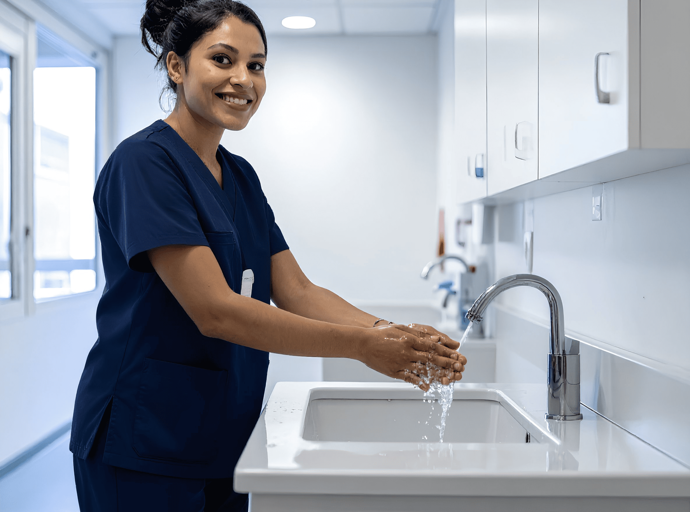 En la imagen se ve a una enferma sonriendo al lavarse las manos en un fregadero.