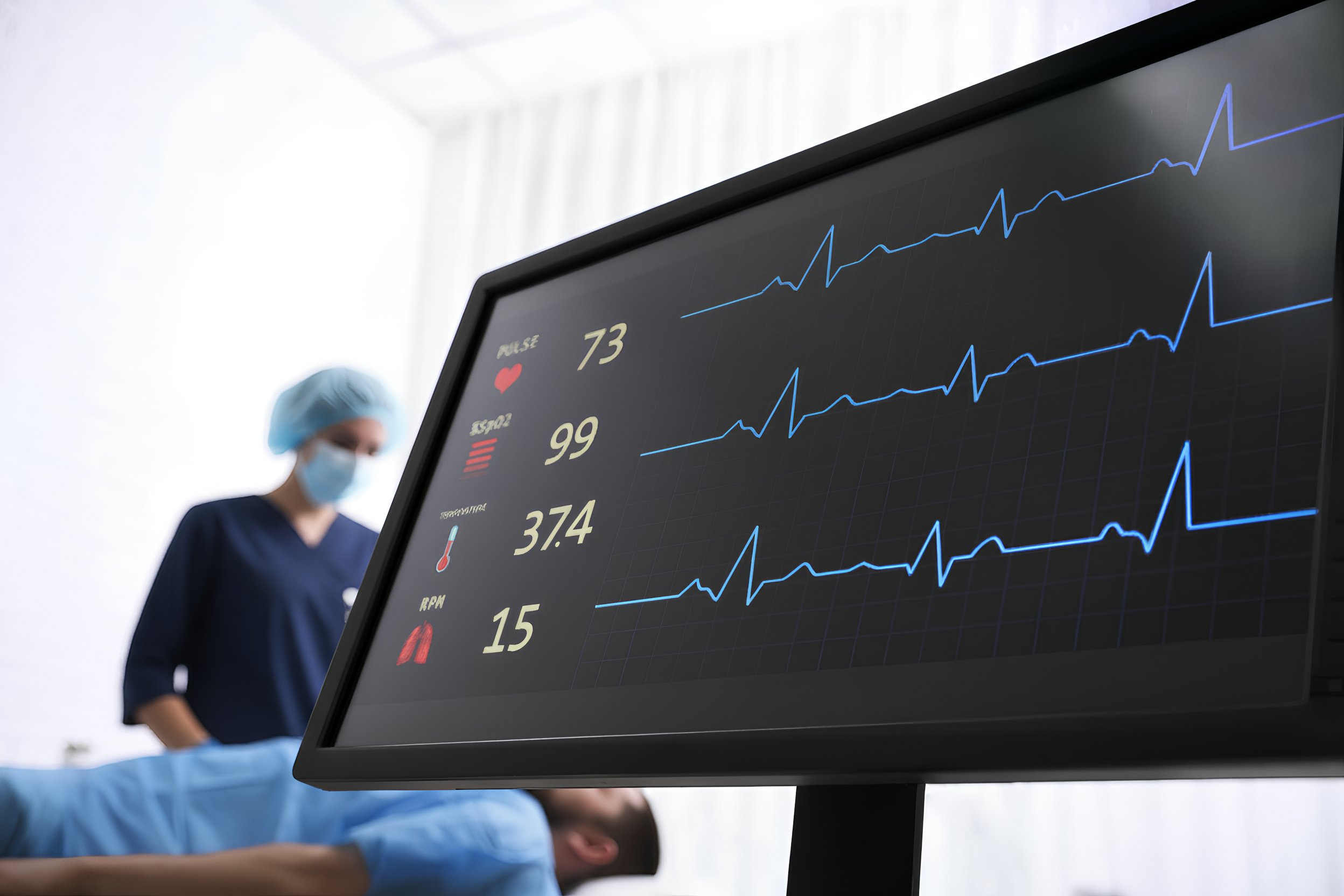 En la imagen se observa un monitor médico con signos vitales junto a personal sanitario atendiendo a un paciente.