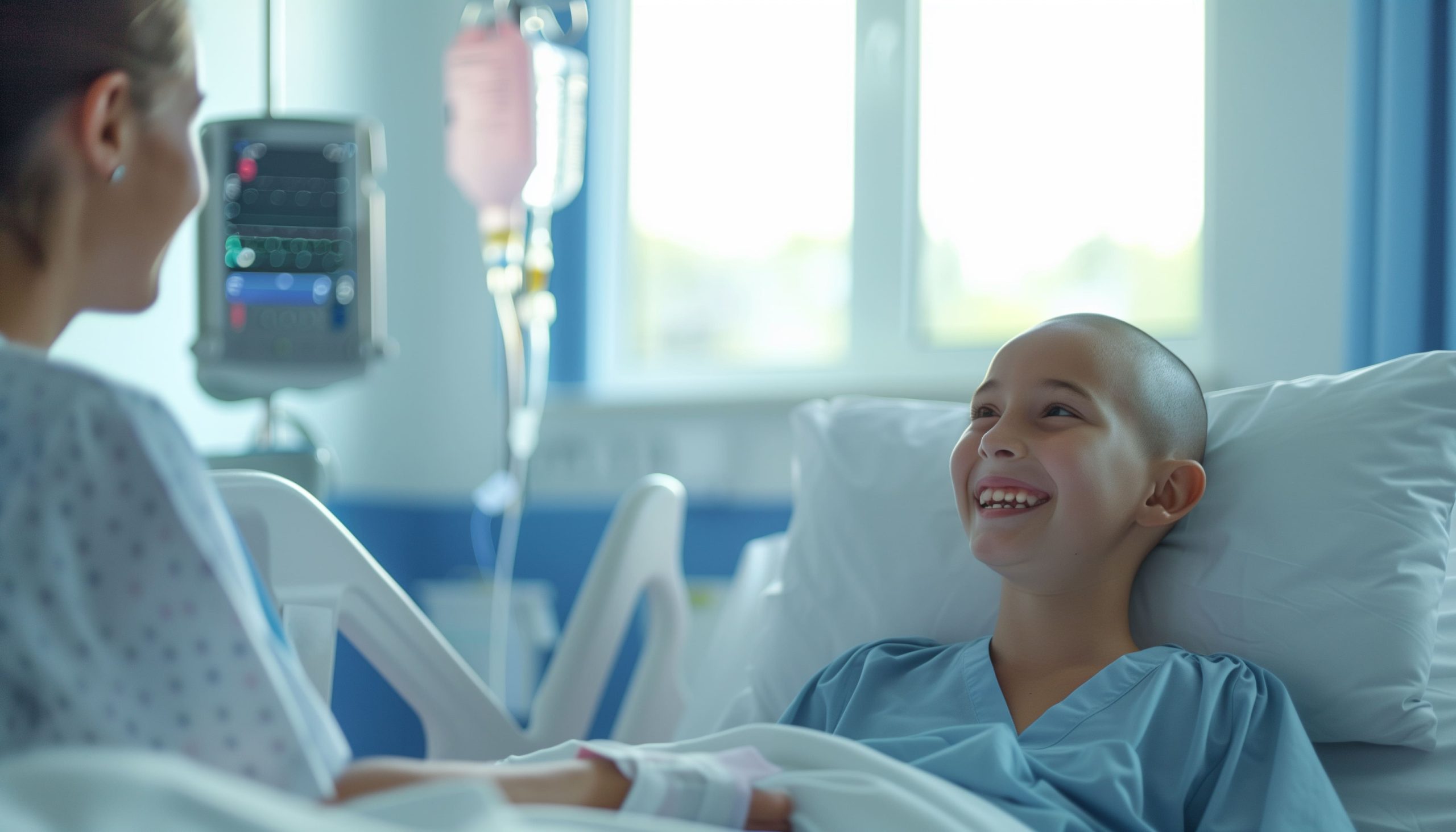 En la imagen se observa a un niño hospitalizado sonriendo alegremente mientras conversa con una mujer.