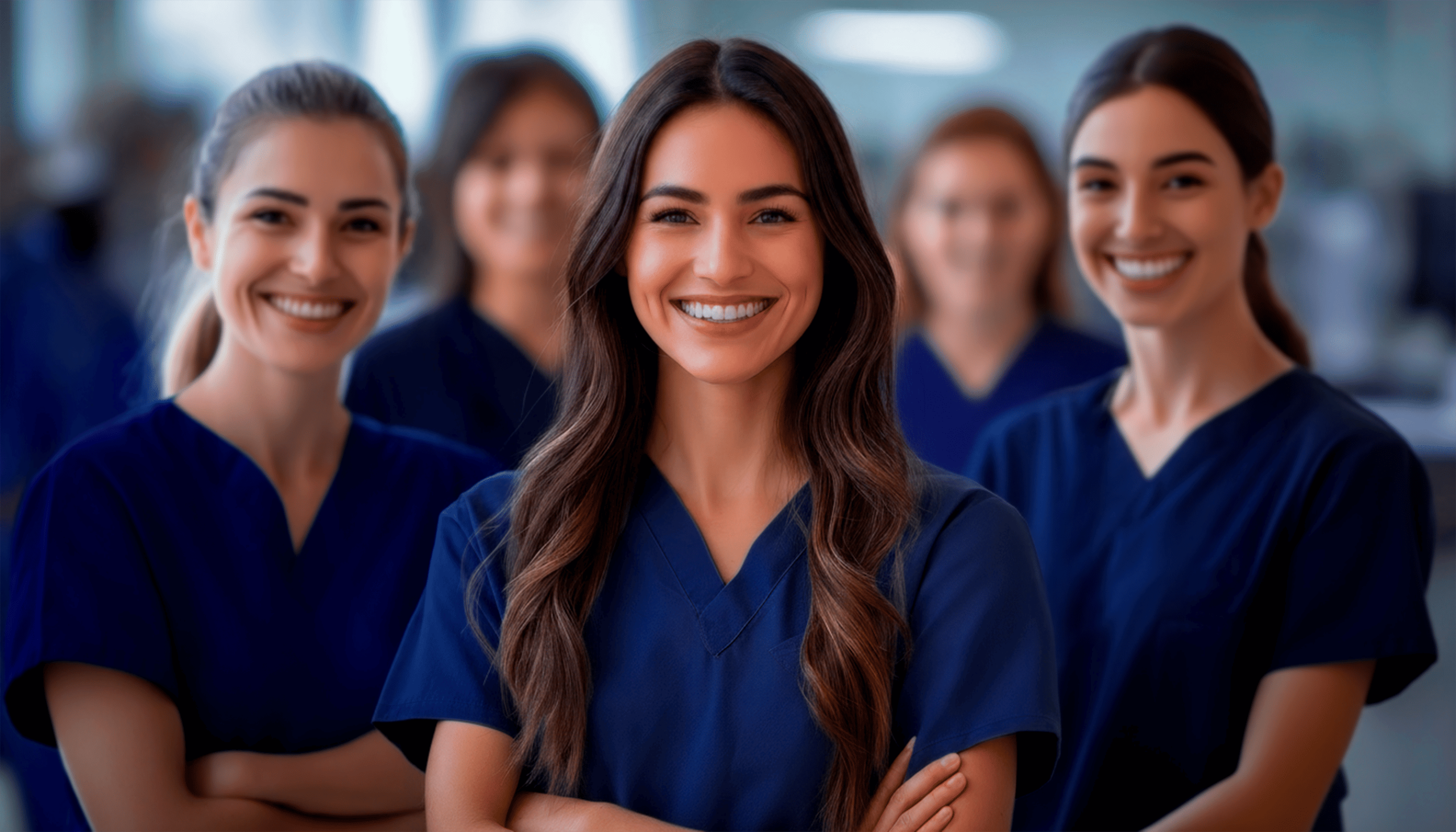La imagen es un grupo de enfermeras sonriendo.