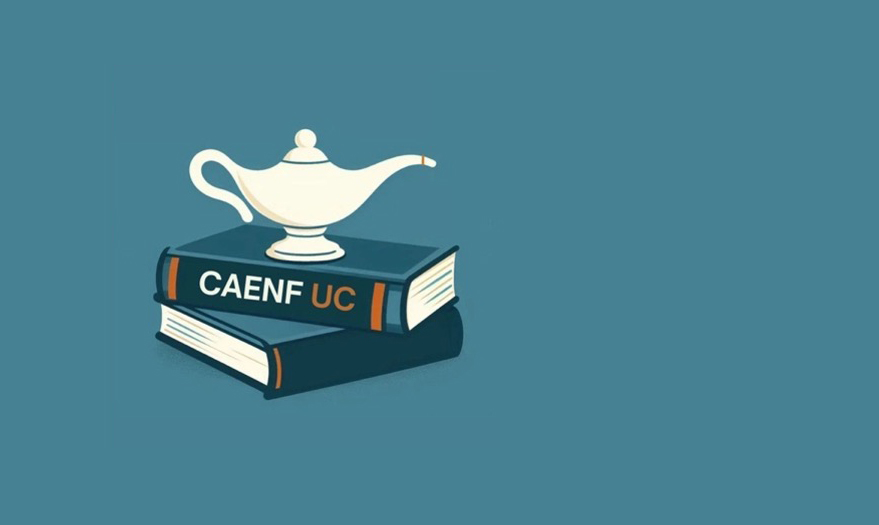 Ilustración de una lámpara sobre dos libros, uno de ellos con la inscripción "CAENF UC".