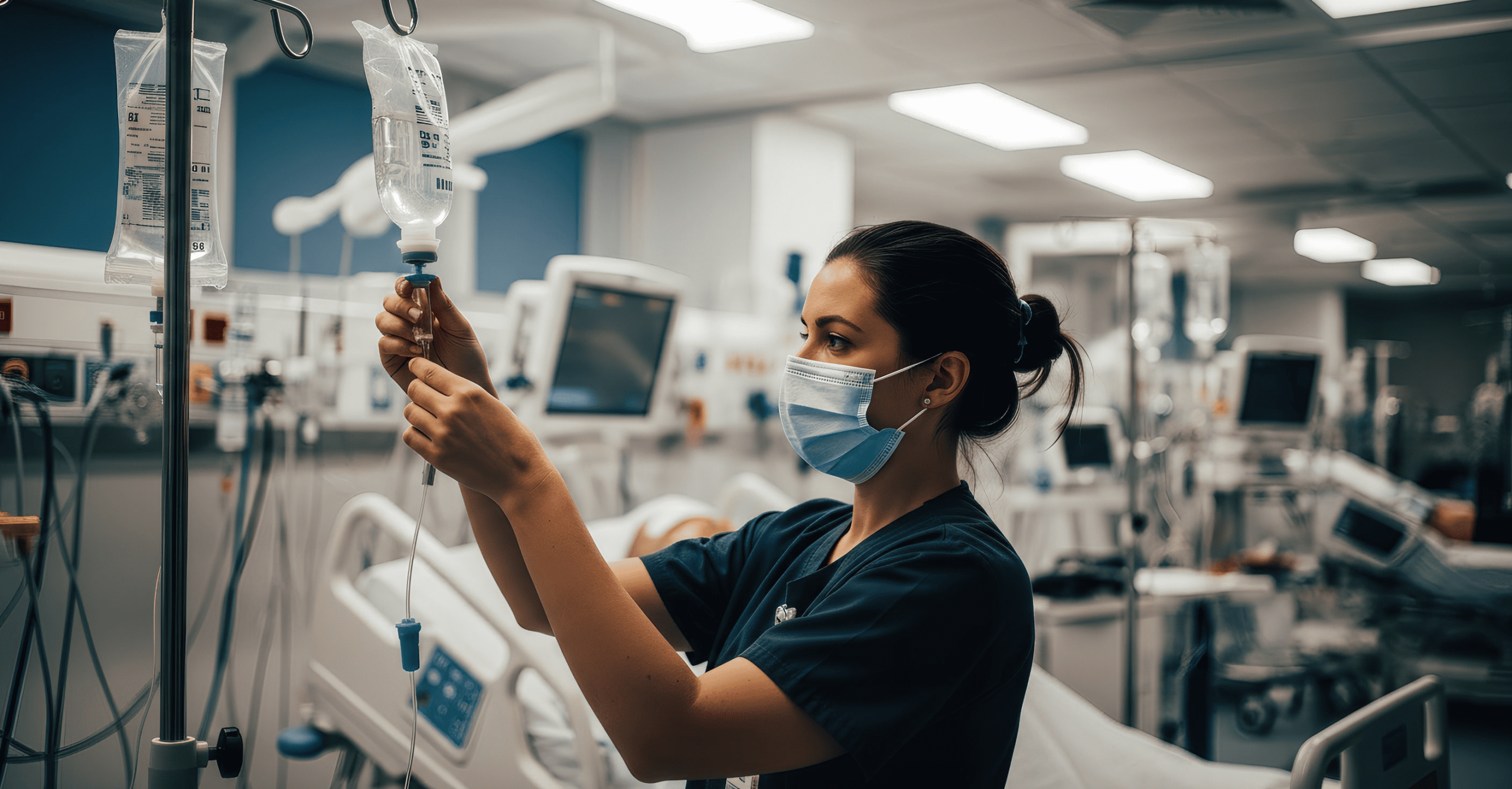 En la imagen se observa a una enfermera con mascarilla ajustando un suero en una unidad médica.
