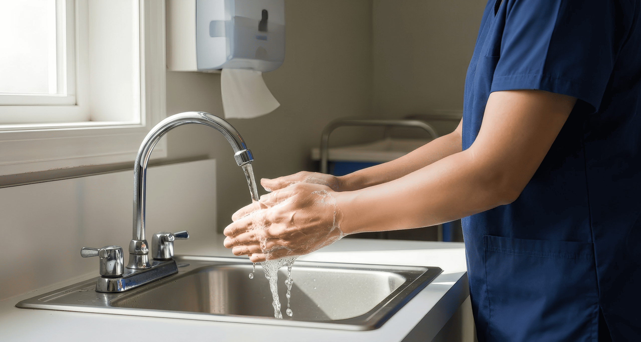 En la imagen se observa a un profesional de la salud lavándose las manos en un lavamanos clínico.
